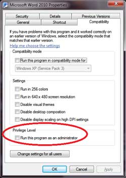 Image of the Microsoft Windows 7 Compatibility Mode Dialog 