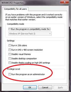 Image of the Microsoft Windows 7 Compatibility Mode dialog for All users