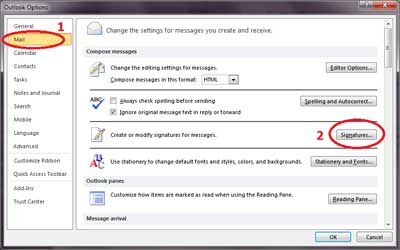 Screenshot 1 of adding a signature to Outlook 2010