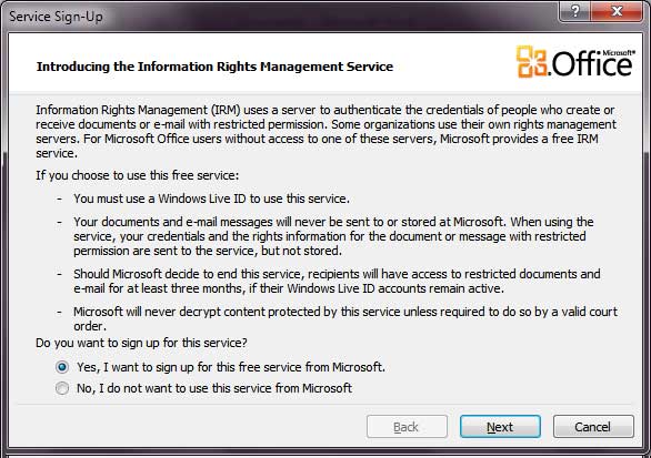 Screenshot of step three of the Microsoft Information Rights Management Service 