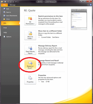 Recalling an email in outlook 2010 step 1