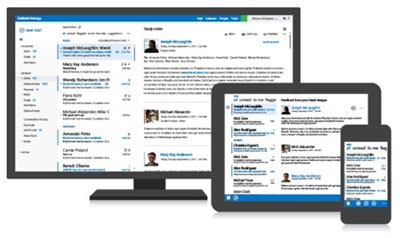 OWA on Exchange 2013 shown on a Desktop, a Tablet and a smartphone